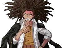a cartoon character with dreadlocks and a white shirt is pointing
