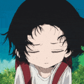 a close up of a person 's face with their eyes closed and their hair blowing in the wind