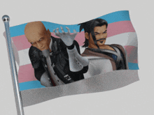 a flag with a picture of two men and a transgender flag
