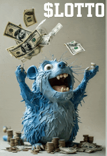 a blue monster is surrounded by stacks of money and the words $ lotto