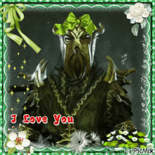 a picture of a monster with a green bow on his head and the words i love you