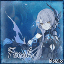 a picture of a girl with the word feesh written on it