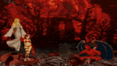 a cartoon of a woman standing next to a demon
