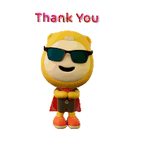 a cartoon character wearing sunglasses and a red scarf says " thank you "