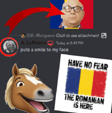 a picture of a man with glasses next to a picture of a horse and a poster that says have no fear