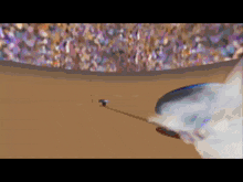 a cartoon of a man holding a sword in front of a crowd in a stadium .