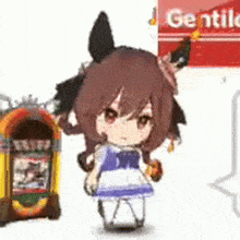a little girl is standing next to a jukebox and a sign that says gentle