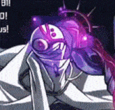 a purple and white cartoon character is crawling on the ground with a purple light coming out of his eyes .