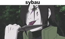 a cartoon character is holding a knife in his mouth and sticking his tongue out .