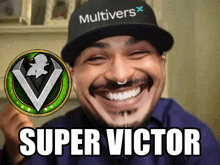a man wearing a hat that says multivers on it is smiling