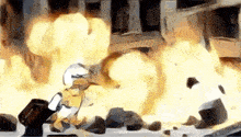 a cartoon character is standing in front of a large fire .