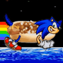sonic the hedgehog is riding a hot dog with a rainbow tail