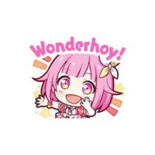 a sticker of a girl with pink hair and the words wonderhoy !