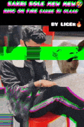 a man is sitting on a red chair with the words bakri bole mew mew king on fire bakre ki klaar by liger
