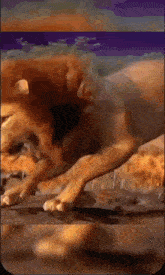 a painting of a lion running with a giraffe in the background