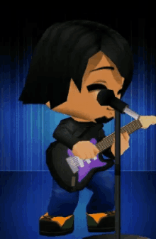 a cartoon character is singing into a microphone while playing a guitar