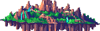 a pixel art illustration of a city with mountains and trees