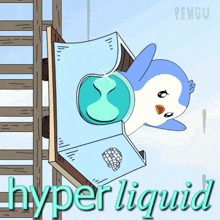 a penguin reading a book with hyper liquid written on the bottom