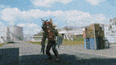 a monster is walking down a street in front of a large building