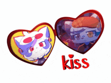 two heart shaped glasses with a picture of a cat and the word kiss below them