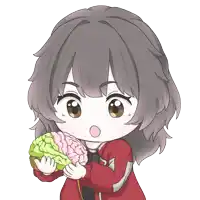 a girl in a red jacket is holding a green and pink brain