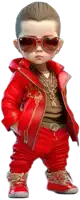 a little boy in a red jacket and sunglasses