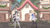 two anime girls are dancing in front of a house that says evermorelive on it