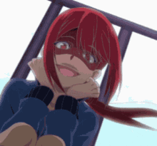 a red haired anime girl with a mask on her face