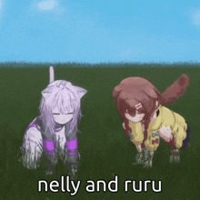nelly and ruru are two anime characters that are kneeling in the grass