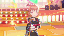 a girl in a colorful outfit is standing on a stage with a lot of lights behind her .