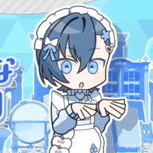 a cartoon of a girl in a maid outfit with blue eyes