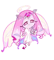 a cartoon character with pink hair and wings is wearing a white dress and a crown .