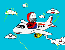 a cartoon drawing of a man flying on a plane with the numbers 5687 on the side