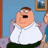 peter griffin from family guy is sitting on a couch with his mouth open and a picture of a mountain in the background .