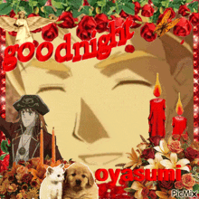 a picture of a man with a pirate hat surrounded by candles and flowers says goodnight oyasum
