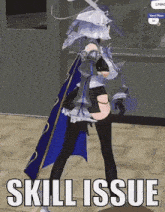 a woman in a blue cape is standing in a room with the words `` skill issue '' written on the floor .