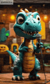 a cartoon dinosaur is singing into a microphone with a caption that says @smwichna