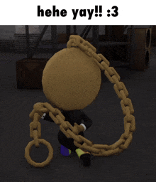 a cartoon character with a clock face and chains around his neck says " hee yay "