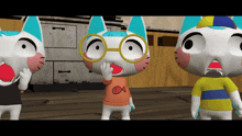 three cartoon cats are standing next to each other with one wearing glasses and a sweater with a fish on it