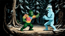 a cartoon of a man and a monster fighting in the woods