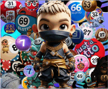 a cartoon character is surrounded by lottery balls including one that says justalotto