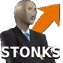 a man in a suit and tie is standing in front of an orange arrow that says stonks .