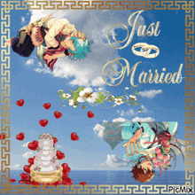 a picture of a couple flying in the air with the words just married