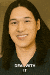 a picture of a man with long hair and the words deal with it