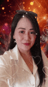 a woman wearing sunglasses and a white shirt has hearts around her