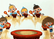 a group of children are sitting around a table with bowls and spoons in their hands