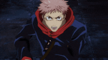 a cartoon character with a red scarf around his neck and a black jacket