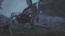 a video game scene shows a monster with wings and a purple tail