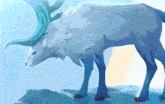 a painting of a deer with blue antlers standing on a rock