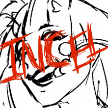 a black and white drawing of a woman with the word incel in red